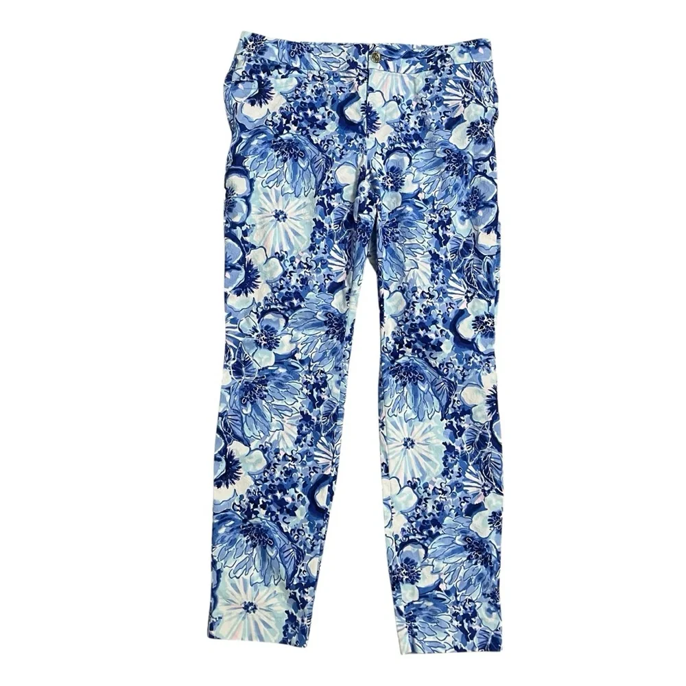 Lilly Pulitzer Blue and White Floral Straight Leg Pants - Picture 4 of 11